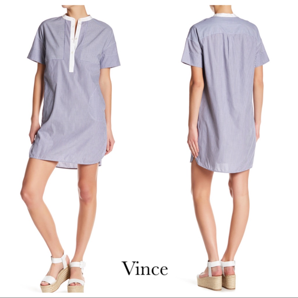 Vince Poplin Blue And White Stripe Shirt Dress